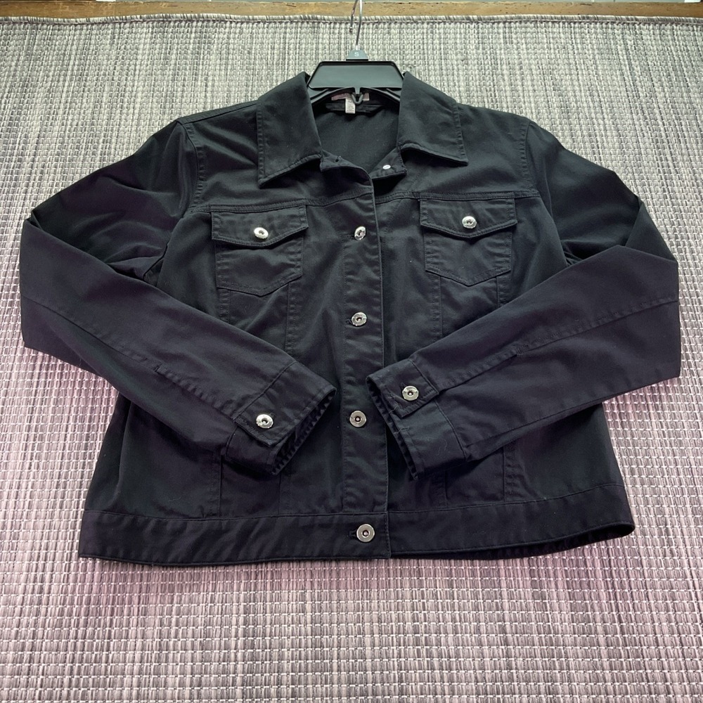 Madison Womens Jacket Denim Style Cotton Spandex Black Medium Button Up